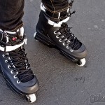 A shot from above, looking at these skates on some feet
